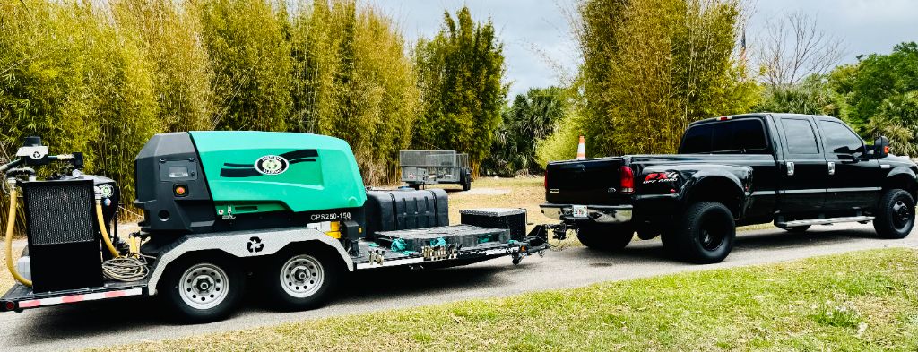 1964 Ford Unibody Truck during blasting — operator blasting cab and bed with media hose, large dust cloud, paint being stripped