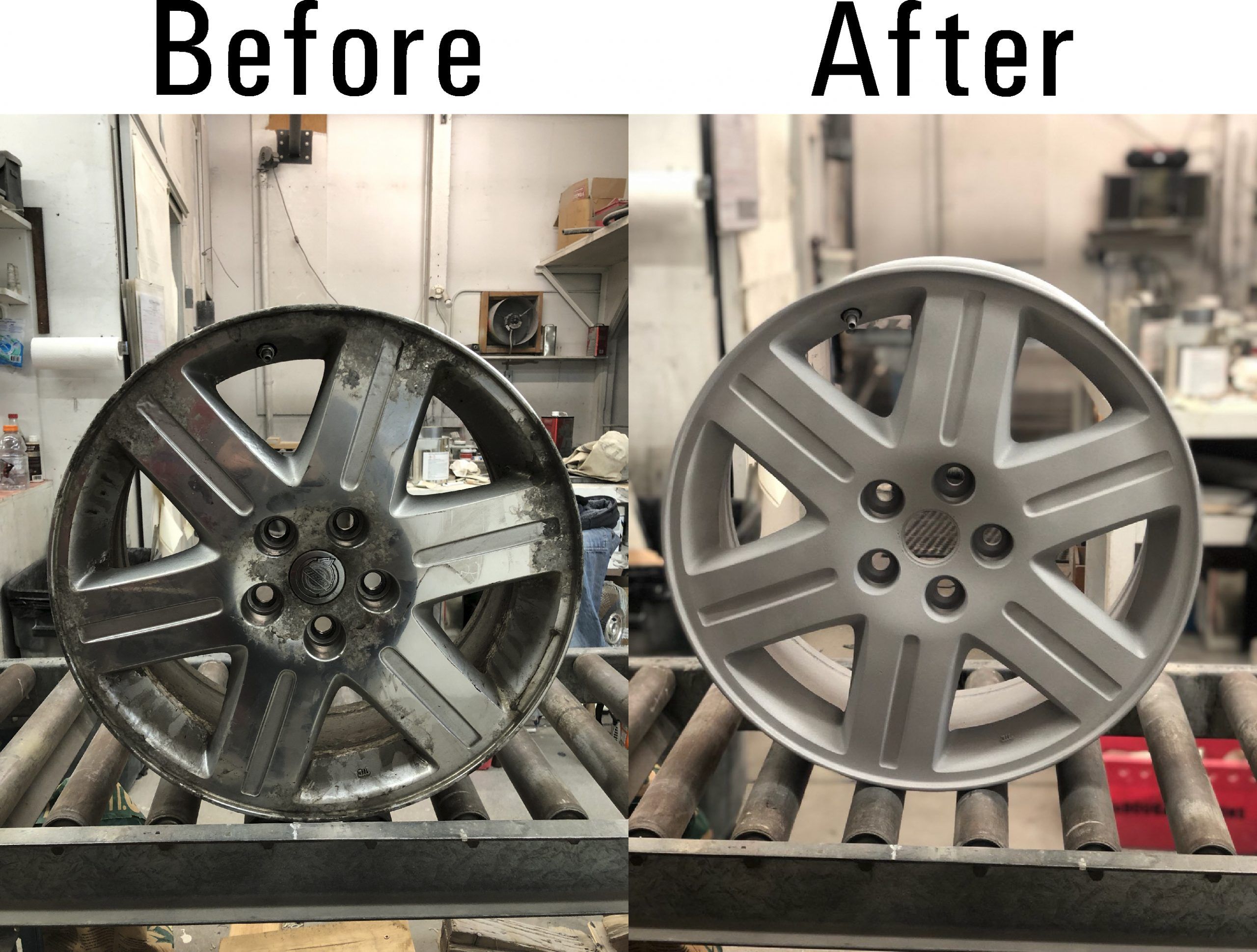 Alloy wheel before and after sandblasting