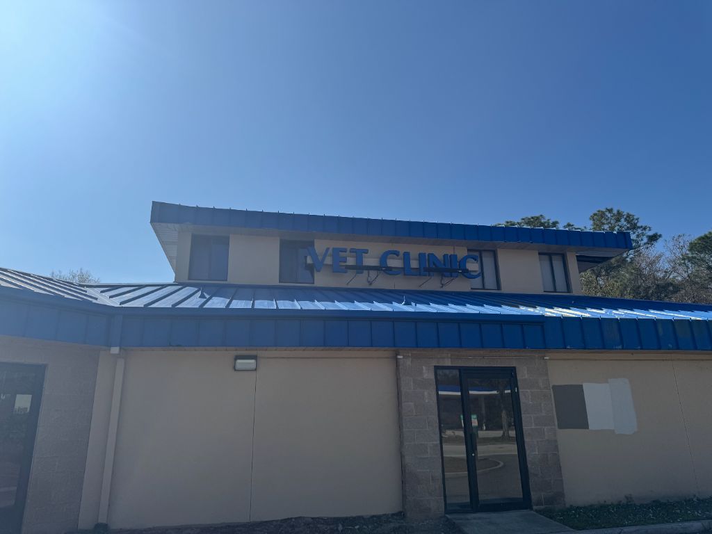 Williamsburg Veterinary Clinic front facade — metal roof fully coated in blue paint before sandblasting